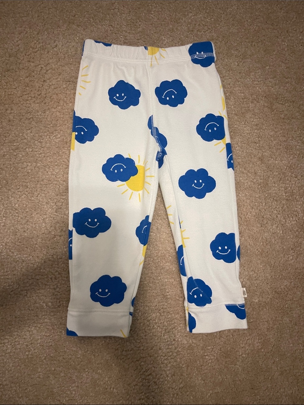 White Kids Leggings with Blue Cloud & Yellow Sun Print NWOT